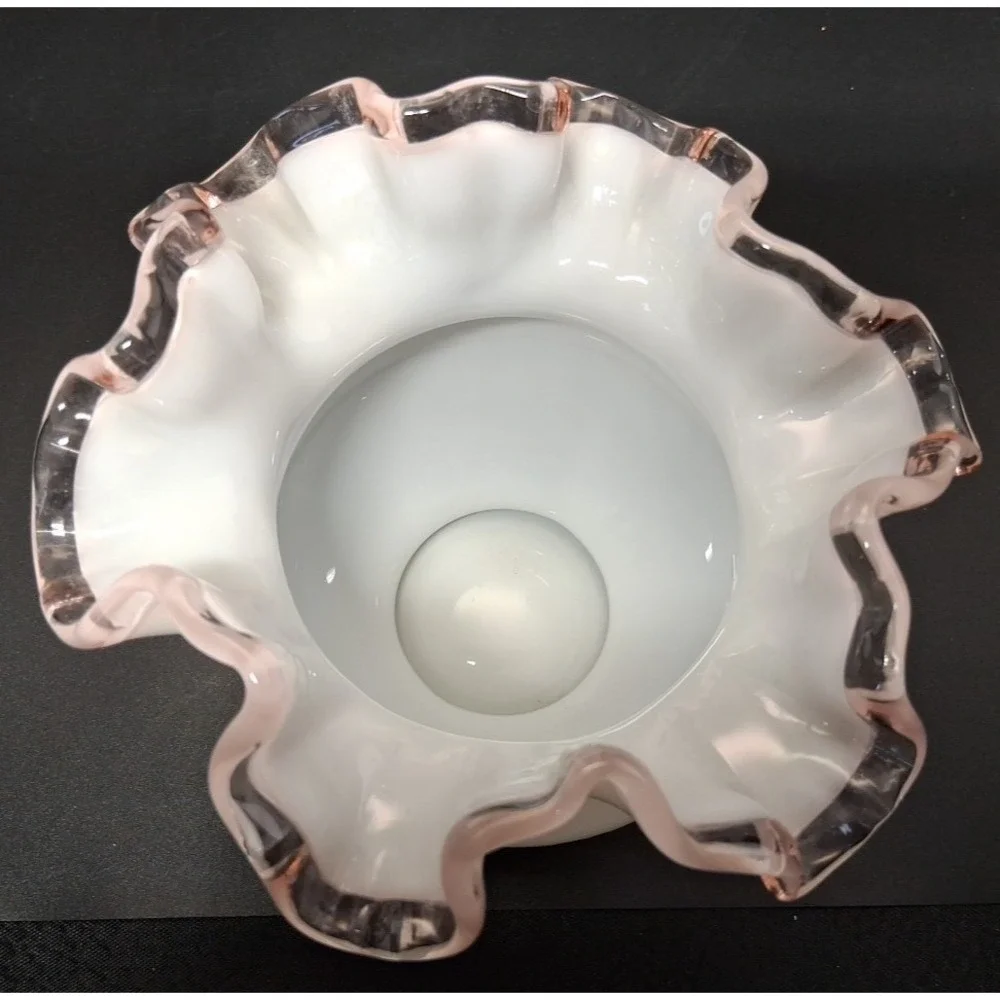 Vintage‎ Fenton Rose Crest Milk Glass Rose Bowl Pink Ruffled Rim Vase 4